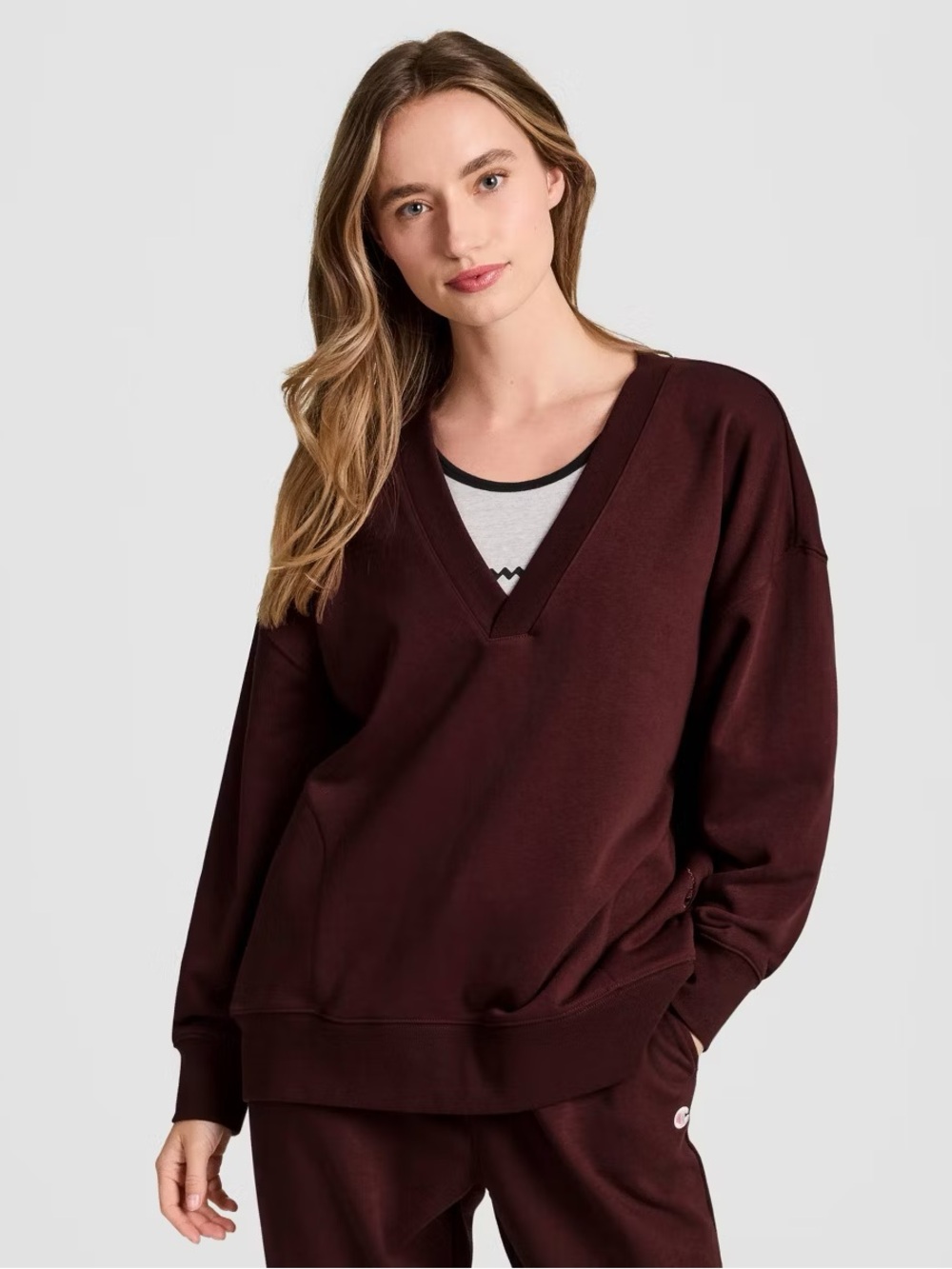 Champion V-Neck Oversized Sweater in Deep Burgundy